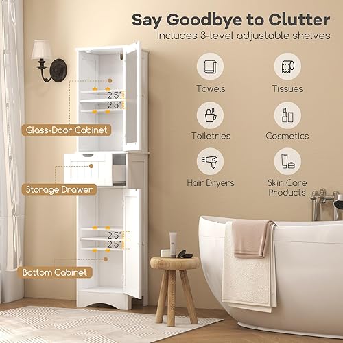 Miniatura 25 de Tangkula Armario de almacenamiento de baño de 67 pulgadas de alto, torre independiente delgada con 2 puertas y 1 cajón, gabinete de piso estrecho