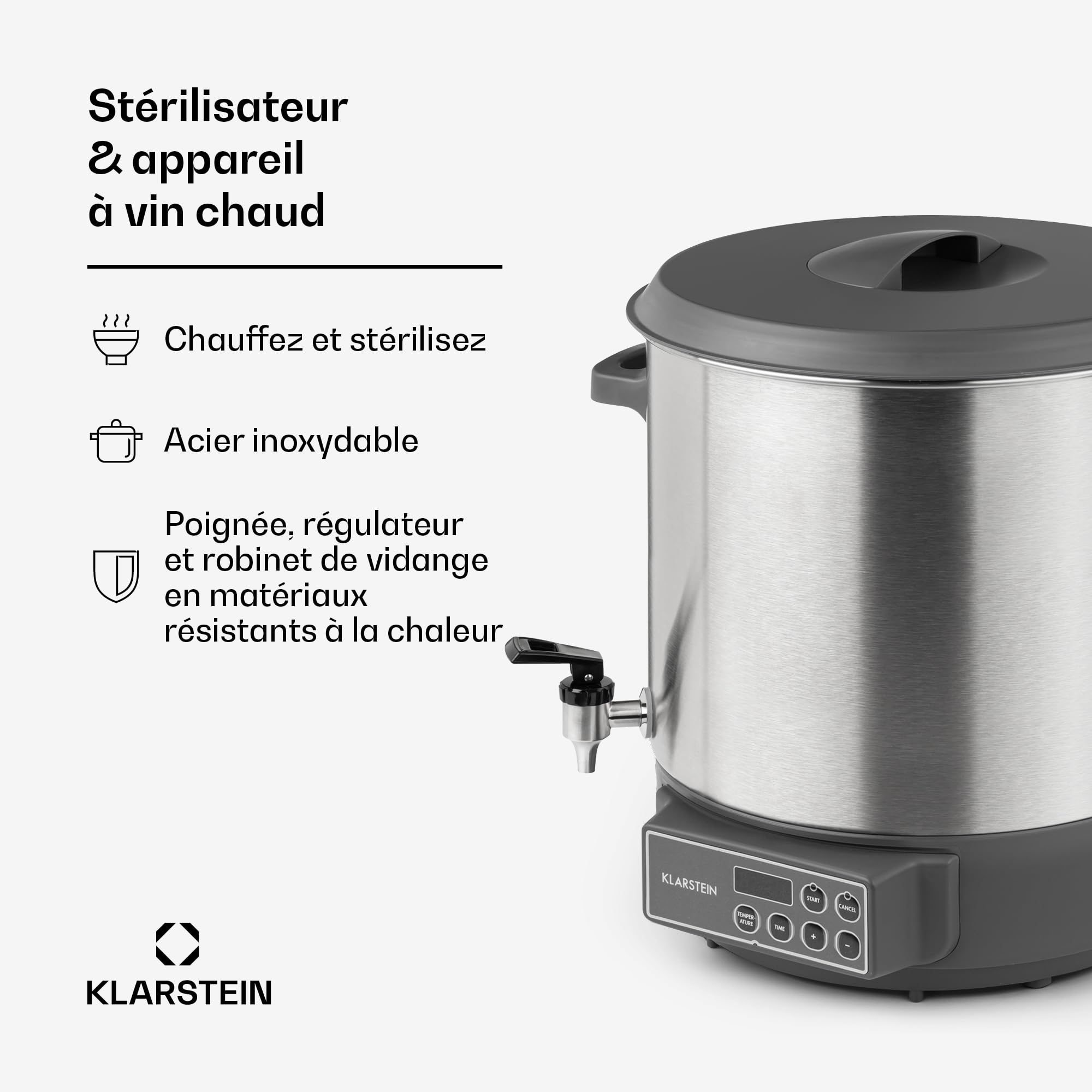 KLARSTEIN Lady Marmalade - Pasteurisateur, Distributeur pour Boissons Chaudes, 27 L, 1800 Watt, 30-100 °C, Minuterie, Fonction réchauffage, Protection Contre la surchauffe, Acier Inoxydable brossé
