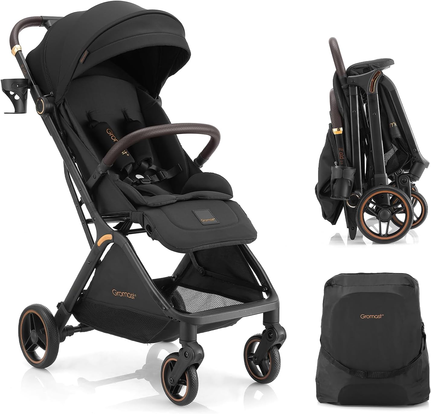Gromast Gravity Folding Baby Stroller - Portable Travel Toddler Stroller w/Adjustable Backrest, Canopy & Cup Holder, Lightweight and UV Protected, One-Hand Automatic Folding - Black