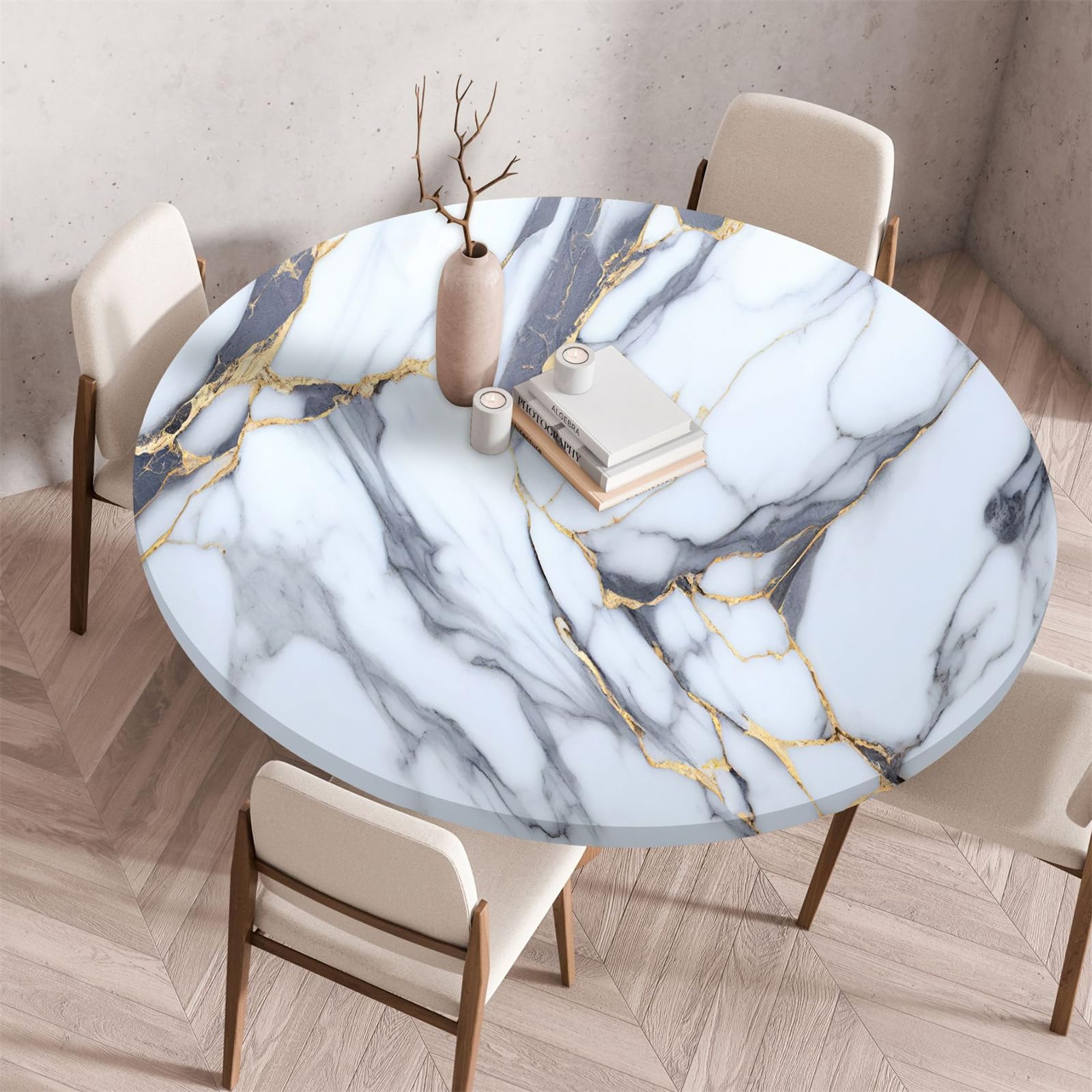Muiuou Elastic Fitted Round Tablecloth, Marble Printing Tabletop Reusable Waterproof Oil-Proof Round Table Cover Cloth, Fitted Home Decoration Restaurant Kitchen (Diameter 140cm,Marble 7)