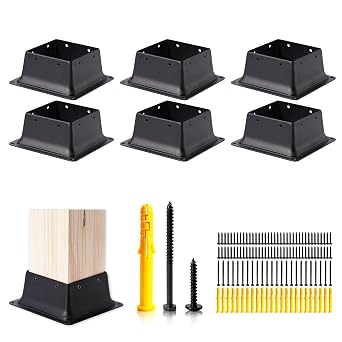 4x4 Post Base Kit - 6pcs Black Powder-Coated Steel Square Post Base for Deck Porch Handrail Railing Support