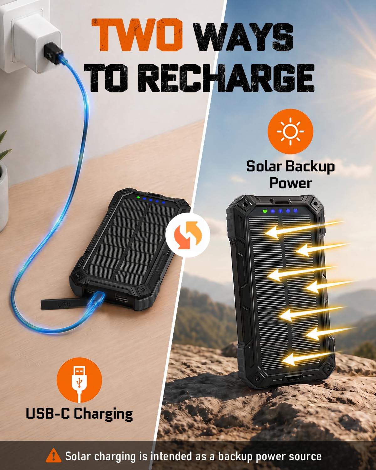 Cargador solar de 49800 mAh, cargador solar para teléfono con entrada y salida USB-C, carga rápida QC 3.0 con linterna LED, 4 cables integrados, IP65 impermeable para exteriores (negro)