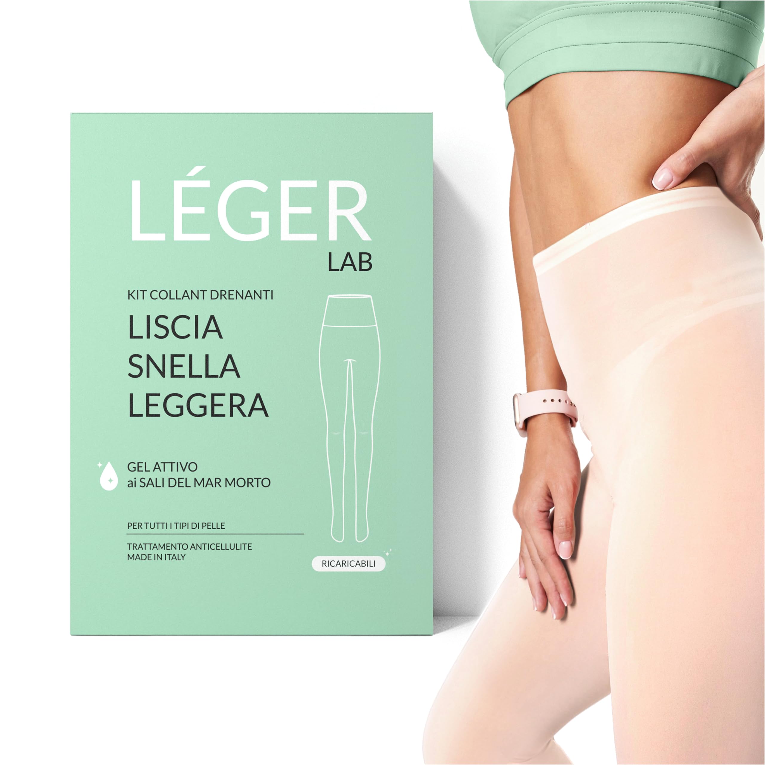LÉGER LAB Collant Drenanti Anticellulite Ricaricabili - Gel Attivo ai Sali del Mar Morto - Leggins azione Snellente Drenante gambe con il 98% di ingredienti naturali - combatte Cellulite