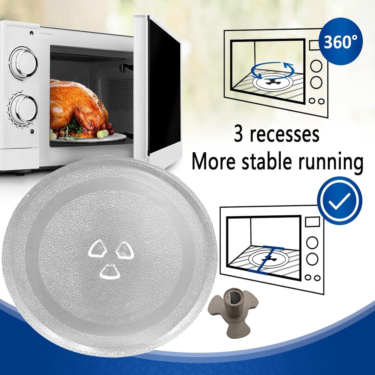 LIGUOYI Smooth Microwave Glass Plate Y-Shaped Bottom Design, Replacement Flat Base Glass Tray Abrasion Resistants with Microwave Turntable Coupler and Ring, for Microwaves Microwave Oven Tray