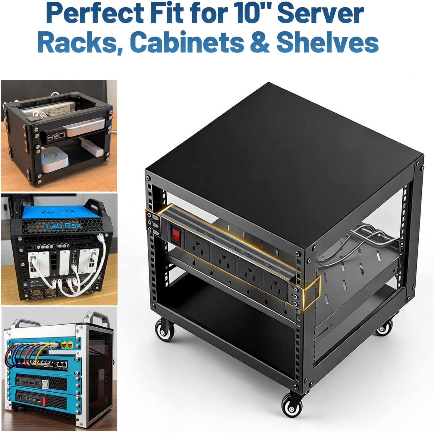 NodeQore 10 inch Rack PDU, 4 Rear Outlets, 1020J Surge Protection &15A Overload Switch, 1U RackMount, Rack Mount Power Strips for 10'' Mini Server Network Cabinets/Rack/Self, 6ft Cable
