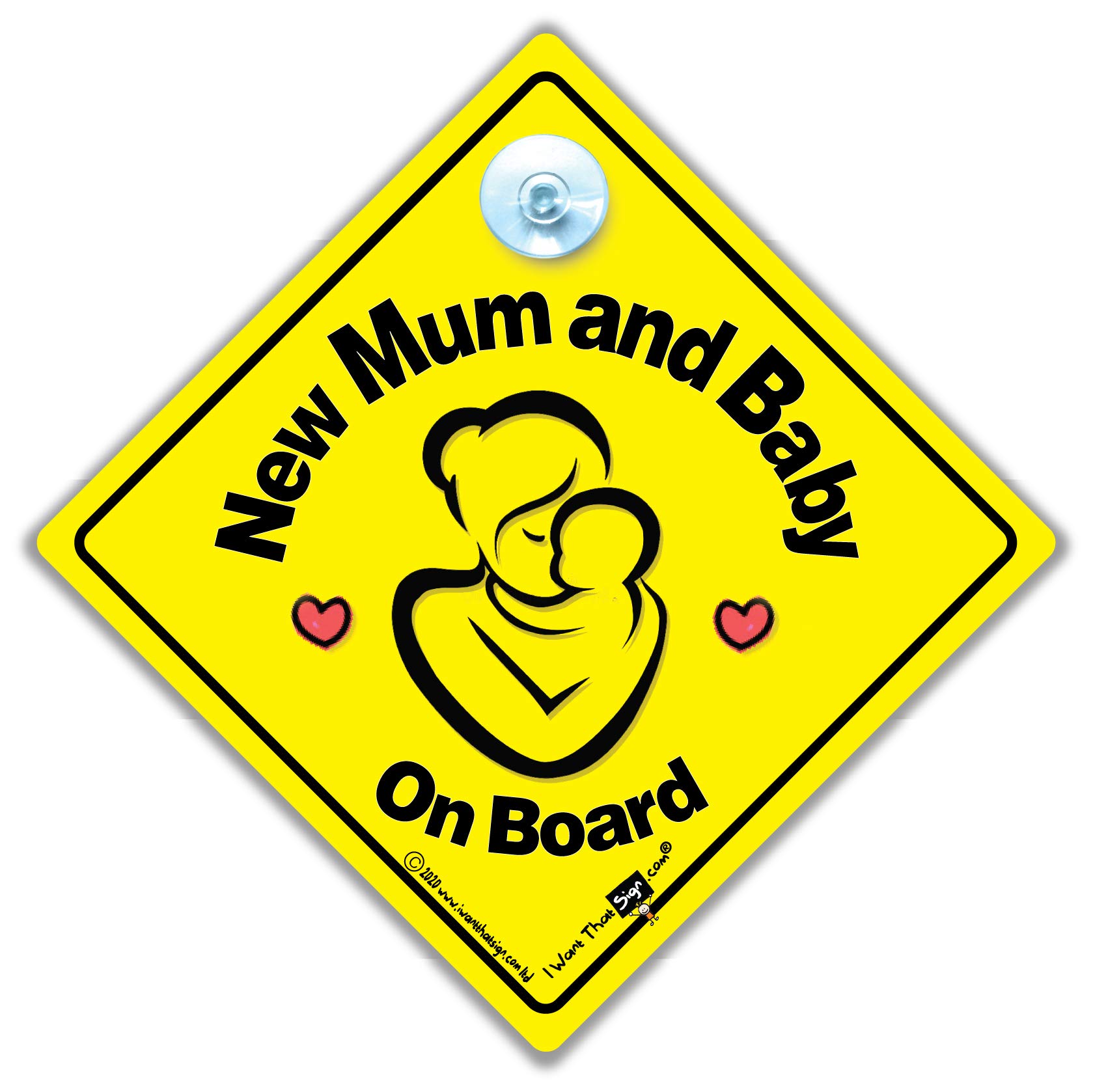iwantthatsign.com New Mum and Baby On Board Car Sign, Baby on Board Sign with Suction Cup Attachment for New Borns and new Mothers