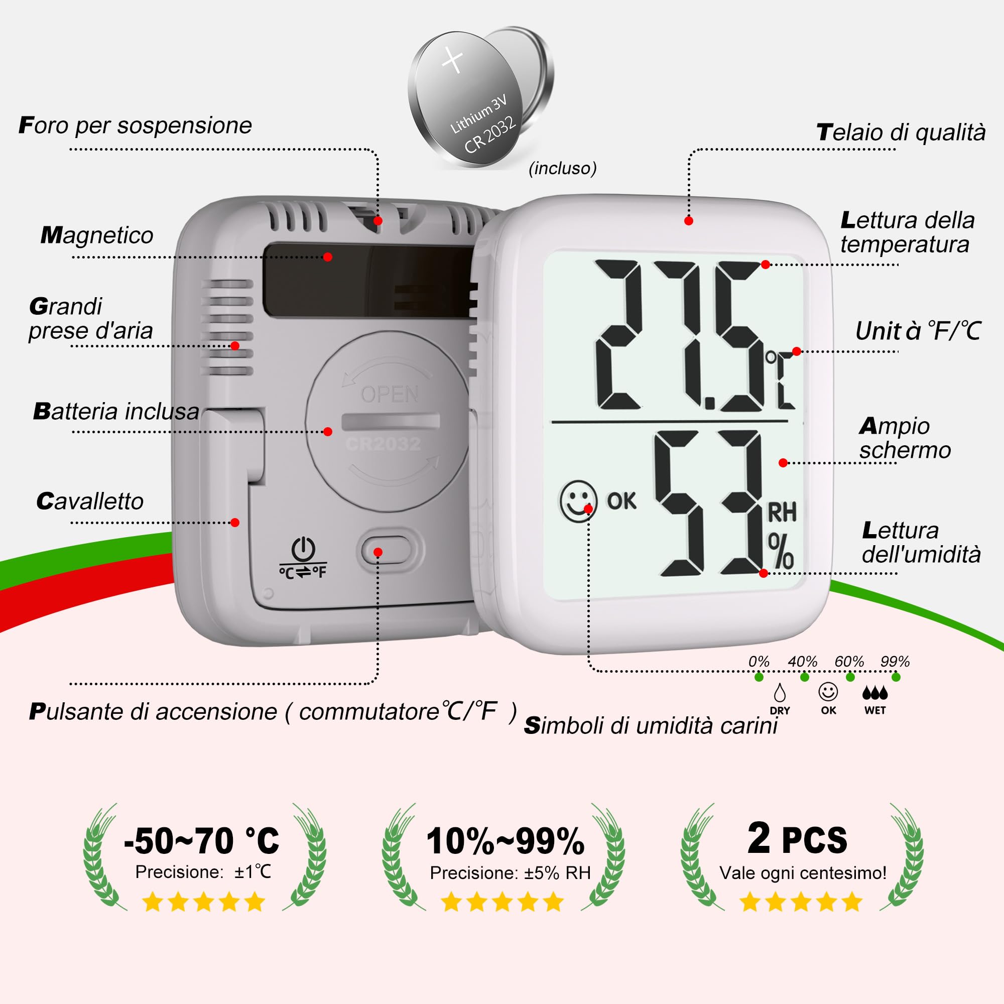 Termometro Ambiente Interno Igrometro Digitale 2 pezzi Monitor Temperatura Umidità per Casa Terrario Incubatrice Serra