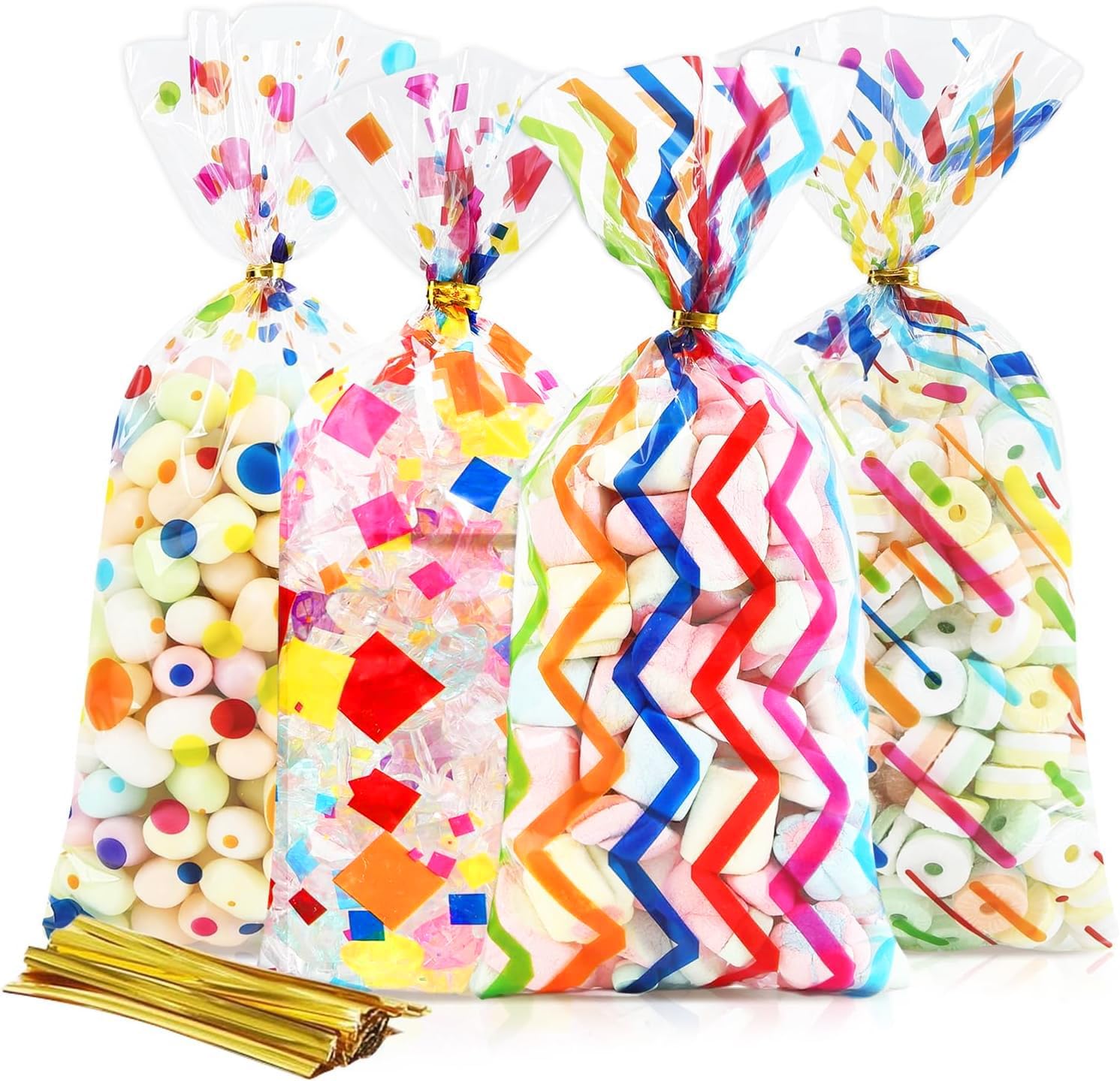 LINMAGCO 100 pcs Cello Cellophane Treat Gift Bags 5 x 11Inch Rainbow Cookie Bags with Ties for Cookies, Chocolate, Bakery Items, Classroom Gifts, and Party Favors