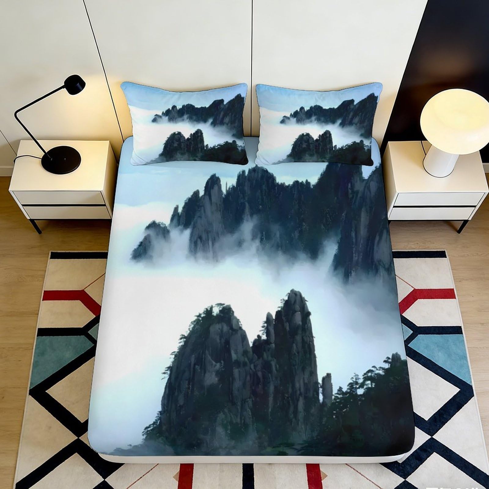 Pnayamiorkfel Style-10 3D Printed Misty Mountain Fitted Sheet Microfiber Soft Cloud Peak Mattress Cover Bedroom Decor Anti-Slip Washable 90X200x25cm