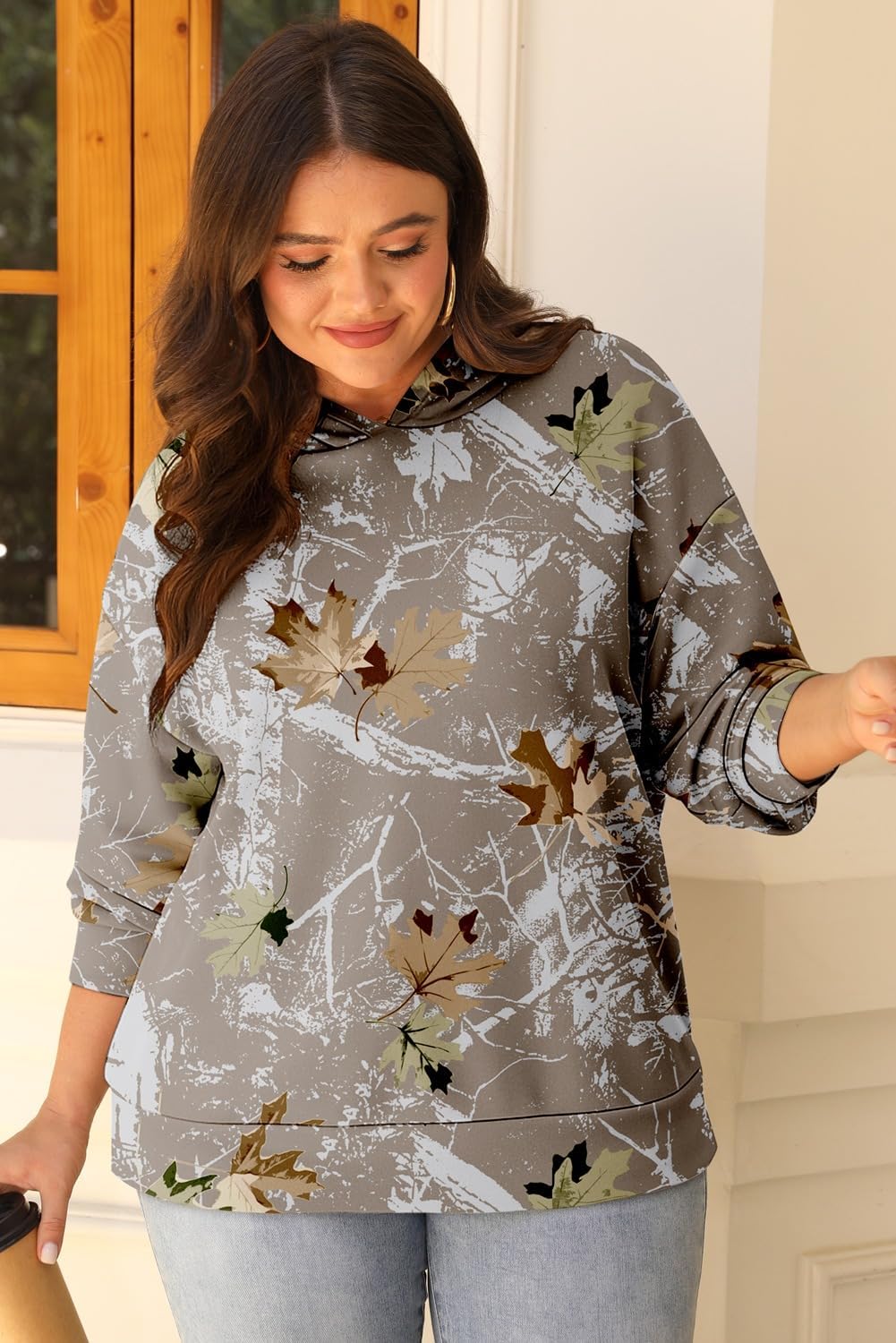 AlvaQ Plus Size Sweatshirt for Women Oversized Hoodie Fall Maple Leaf Print Pullover Hooded Tops Outfits L-4X - Image 5