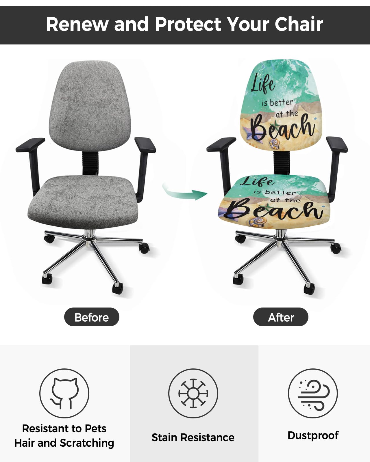 Life is Better at The Beach Office Chair Cover Stretchable Computer Chair Seat Cover Backrest Slipcovers, Summer Teal Ocean Starfish Stretchable Rotating Desk Chair Seat Cushion Split Protectors