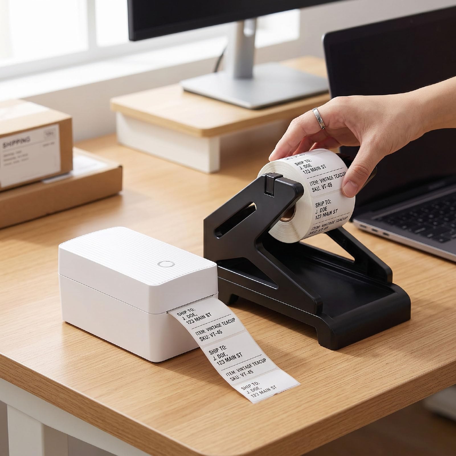 Jectse Stampante per Etichette Bluetooth Etichettatrice Termica per Spedizione da 150 Mm/s 203 DPI con Rilevamento Automatico della Carta per Etichette di Spedizione per Piccole (Spina europea)