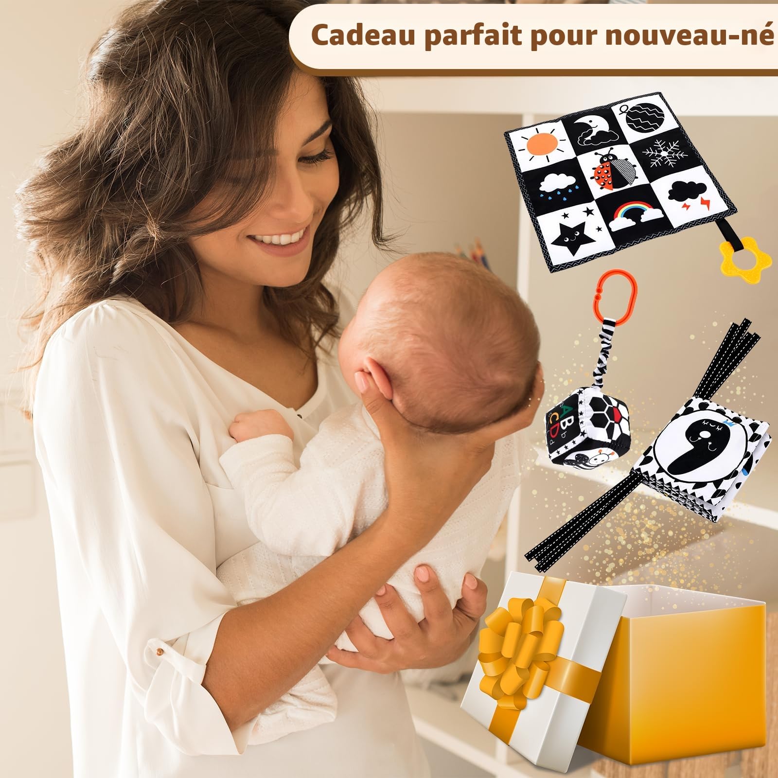 Collazoey Black Noir et Blanc Bébé Montessori, Livres D'éveil Sensoriel Bébé, 0-3-6-12 Mois Livre D'eveil Double Face en Tissu, Livr e Doux Froissé, Cadeau Parfait pour Bébé 0-12 Mois