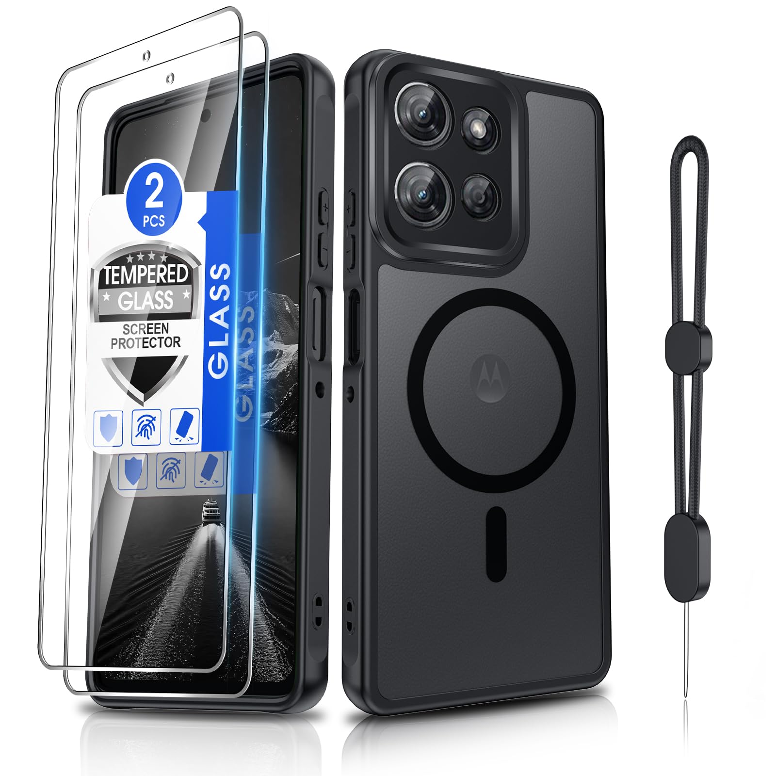 Dizn Magnetic for Moto G Power 2025/2026 Case with Tempered Glass Screen Protector,Compatible with MagSafe Wireless Charging,with Strap,Matte Translucent Funda for Motorola G Power 25/26, Black