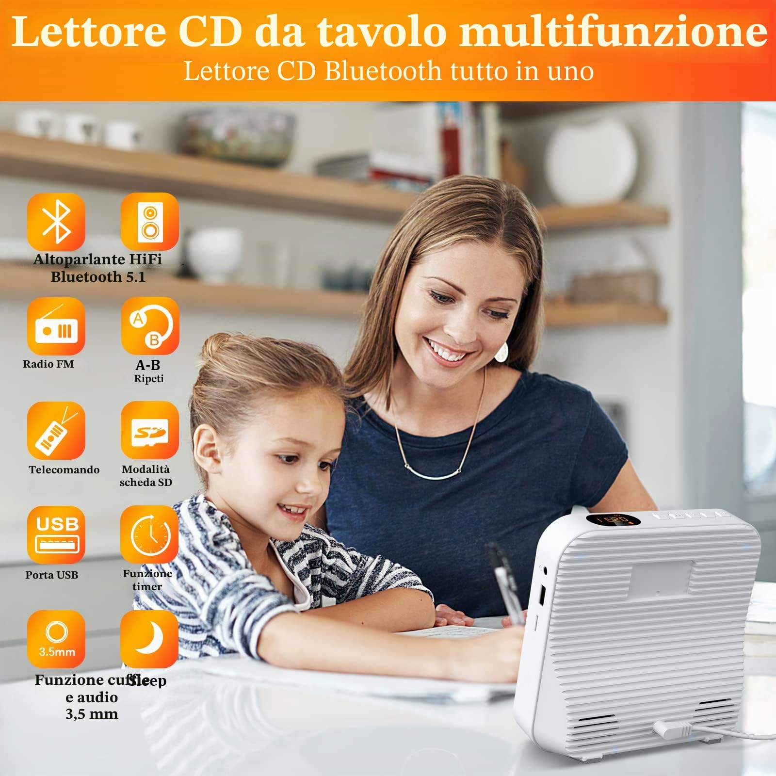 Lettore CD Bluetooth 5.1 Lettore CD da tavolo con 5W Doppi Altoparlanti Luce Telecomando Copertura Della Polvere Display FM Radio Timer Cuffie USB/SD Card/AUX Playback