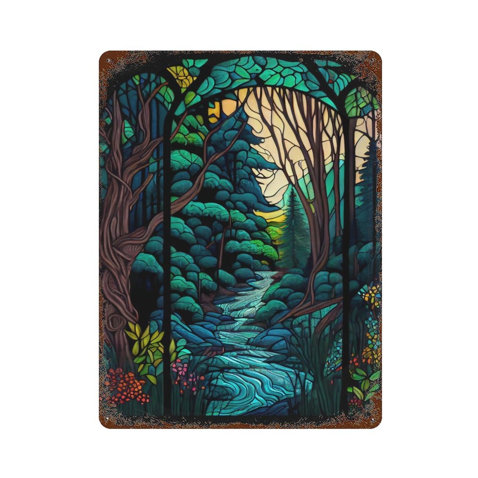 Garage Style Stained Glass Forest Rustic Tin Plaque 15.7"x11.8", Classic Wall Plaque for Bar And Workshop