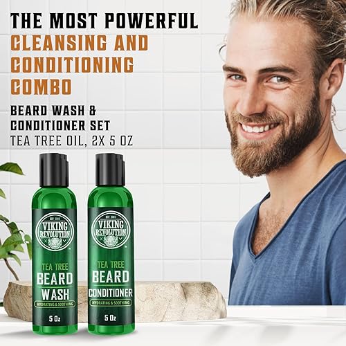 Miniatura 4 de Viking Revolution Tea Tree - Juego de jabón y acondicionador para barba para hombres, suavizante natural de barba con aceite de argán, vitamina E y