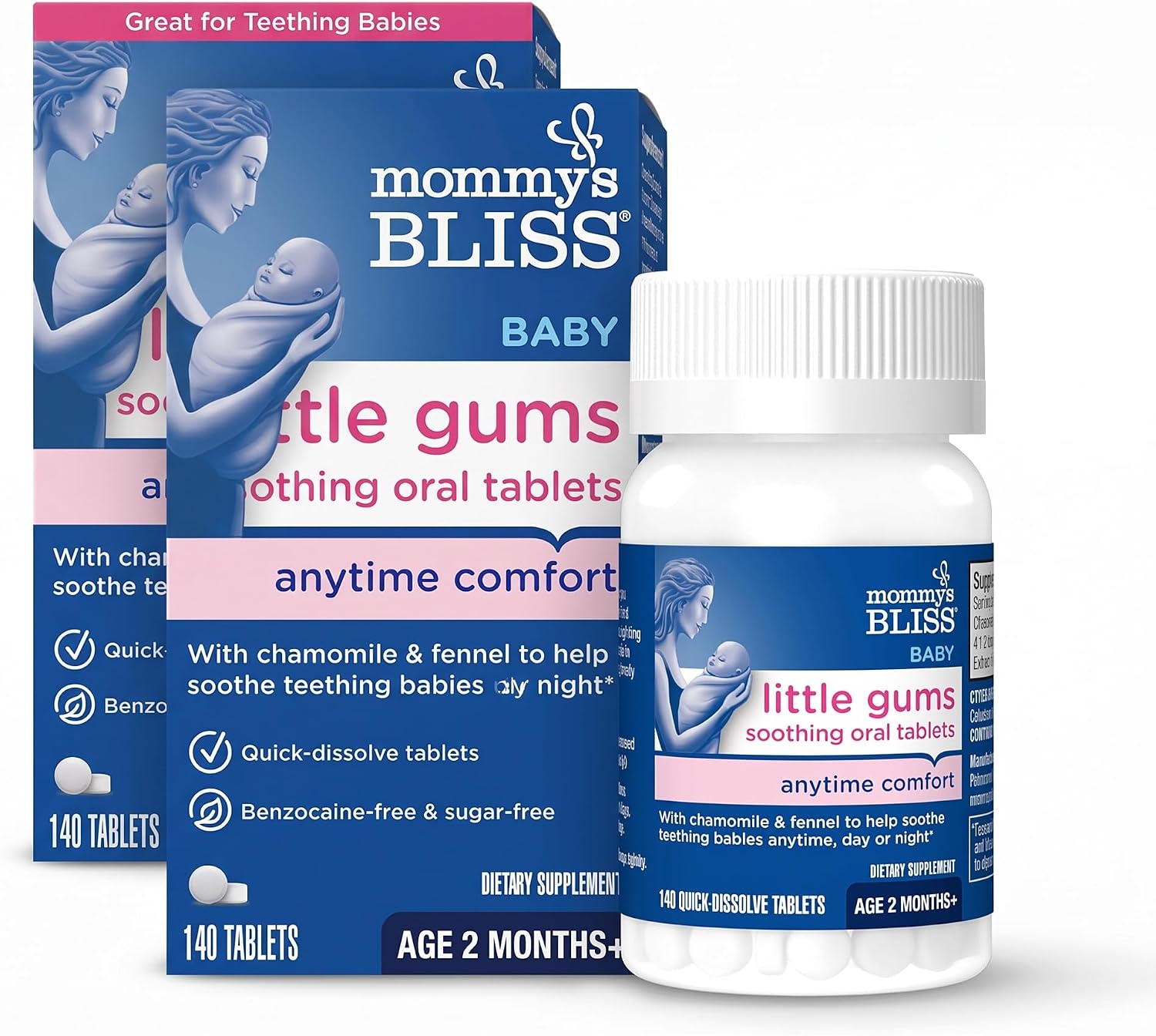 Mommy's Bliss Little Gums Soothing Oral Tablets,Great for Teething Babies,Benzocaine-Free & Sugar-Free,2 Months+,1 Bottle (140 Tablets),(Pack of 2)