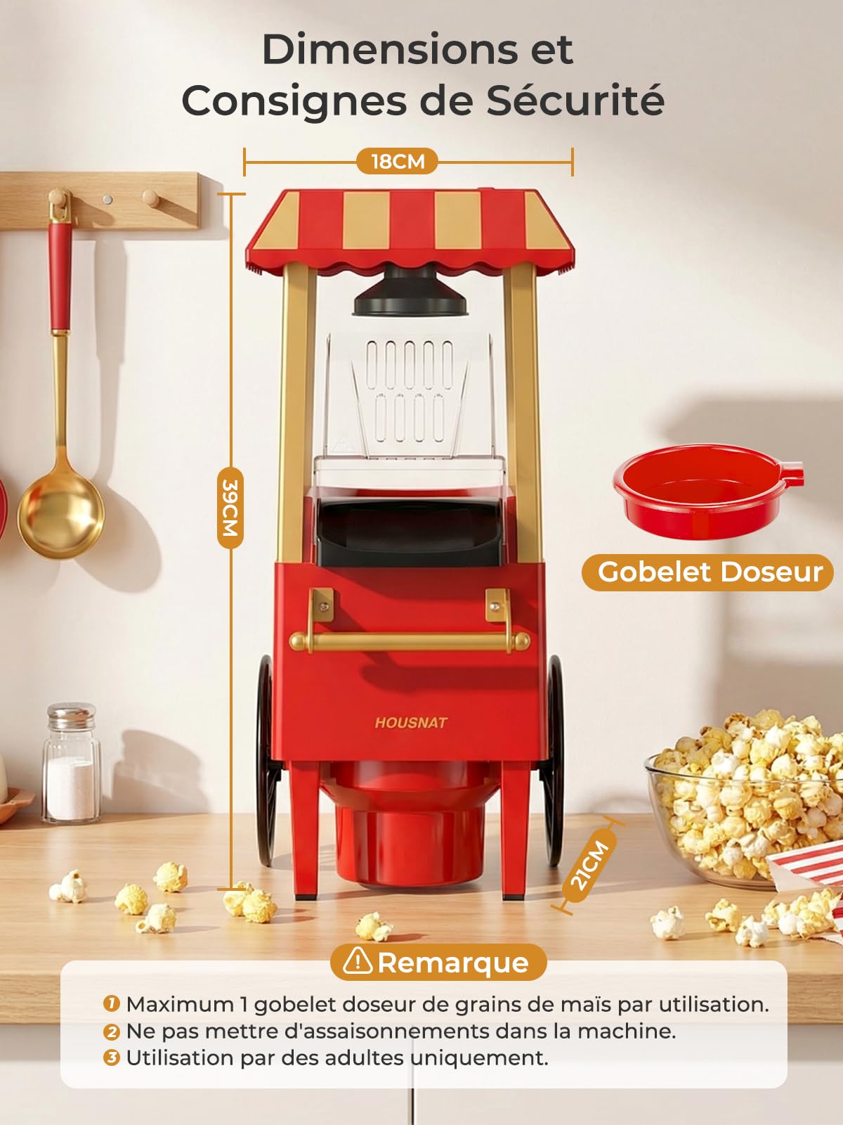 3,5L Machine a Pop Corn, HOUSNAT 1200W Machine à Popcorn à Air Chaud, Popcorn Allégé Sans Huile, Popcorn Prêt en 3 Minutes – Idéal pour la Famille et les Soirées Entre Amis