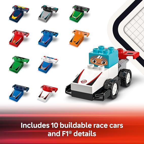 LEGO DUPLO Town F1 Team Race Cars & Drivers Building Toy Playset - Toddler Toy Cars for Pretend Play, Boys and Girls, Ages 2+ Learning and Educational Gift for Preschool - 10445