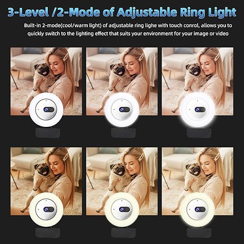 Miniatura 5 de TENFISH Cámara web 2K, cámara web de enfoque automático HD con micrófono, cámara web de luz de anillo ajustable, cámara de video con cubierta de