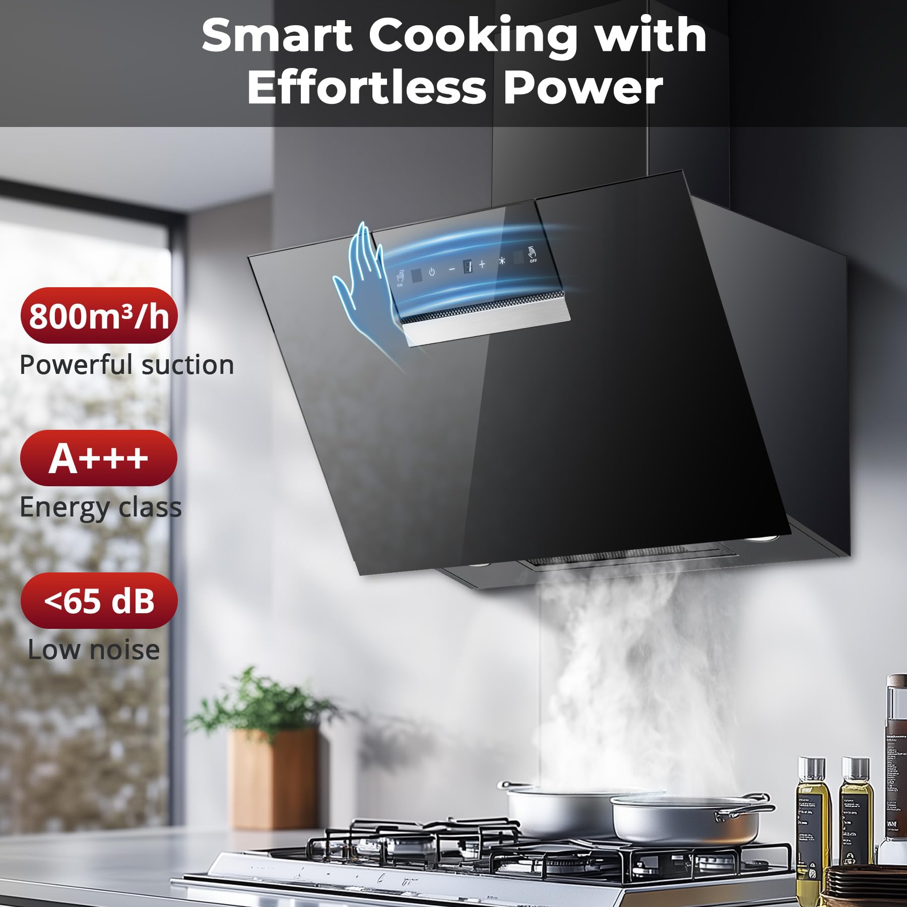 SNDOAS Cooker Hood 60cm, 800 m³/h Kitchen Extractor Fan, Recirculating & Ducting Modes with Carbon Filters, Class A+++ Extractor Hood, Black Glass Touch Control with 3 Speed + Booster — view 2