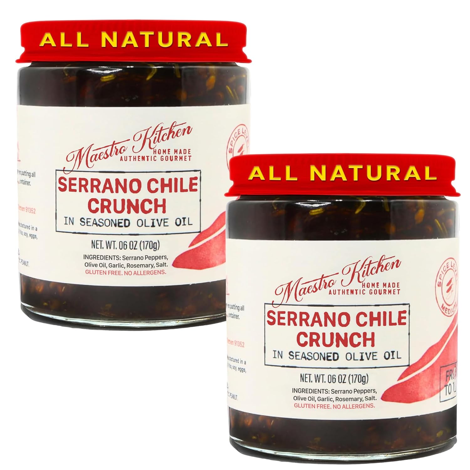 Spicy Serrano Chile Crunch Crisp 6oz 2 Pack - All Natural Chili Pepper Oil w/ 100% Olive Oil, Garlic & Rosemary - Crunchy Mexican Cooking Seasoning Hot Sauce – Keto Friendly Vegan Gluten Free