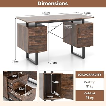 COSTWAY Home Office Computer Desk, 129 x 59 x 76 cm Large Floating Desktop Desk with Dual Drawers and Cabinet, Metal Frame Modern Vanity Table for Living Room & Bedroom (Rustic Brown + Black)
