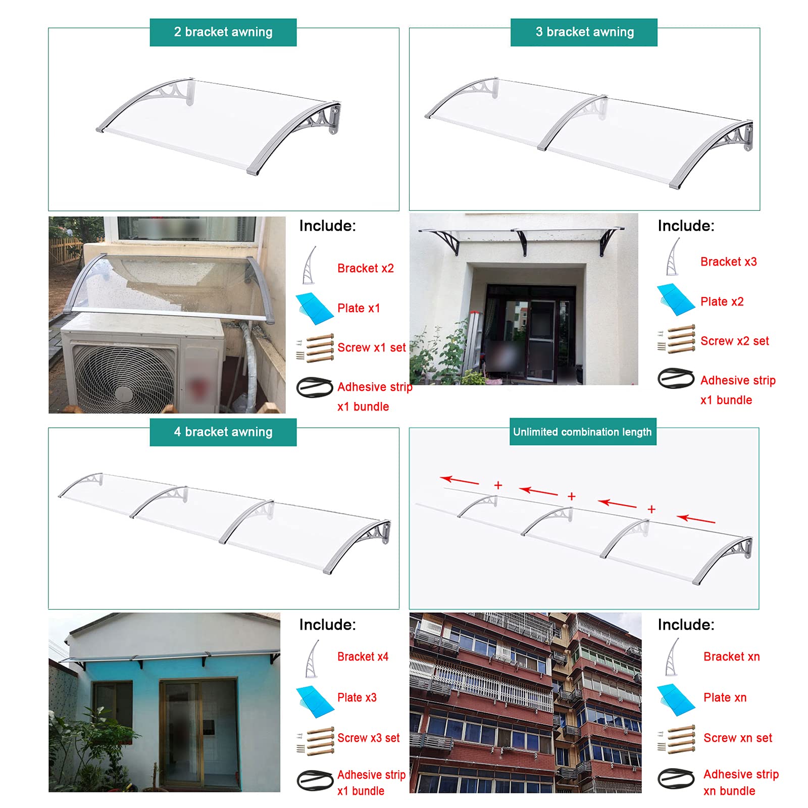 Auvent de Porte de fenêtre incurvé Silencieux avec Protection UV, Supports en Alliage d'aluminium, résistant à l'eau et aux Chocs, Couverture extérieure en Polycarbonate Marron (80 x 270 cm)