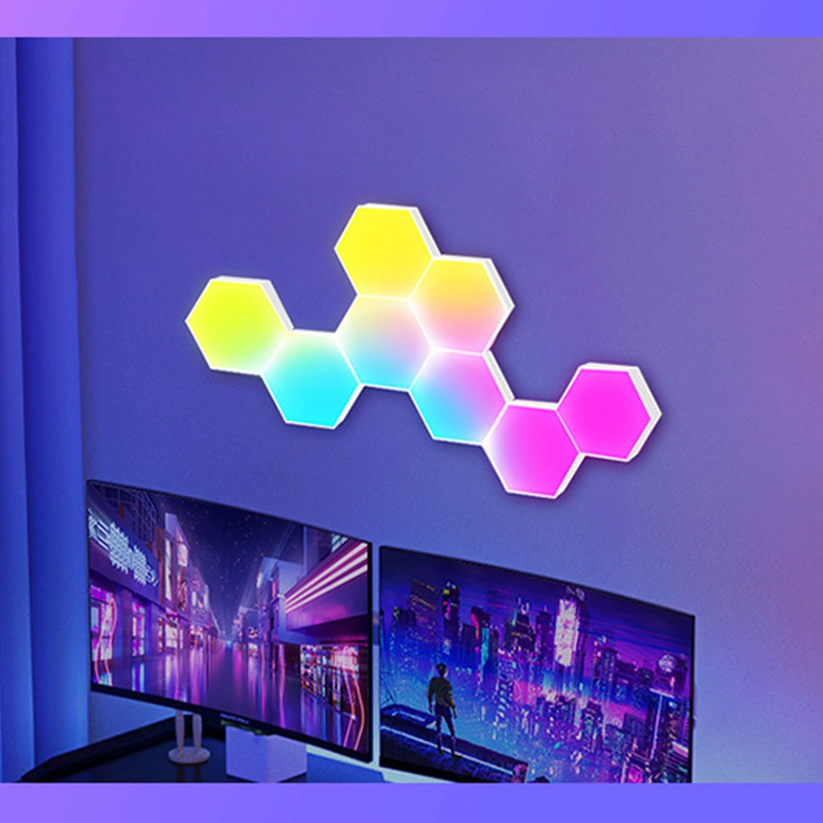 Kavolet Lampada da parete da gioco esagonale a LED, pannello RGB esagonale da 8 pezzi, luce a nido d'ape da gioco con controllo vocale WiFi BT Graffiti fai-da-te, lampada da parete con atmosfera | Esagonale Gaming RGB Pannelli luminosi a nido d'ape con co