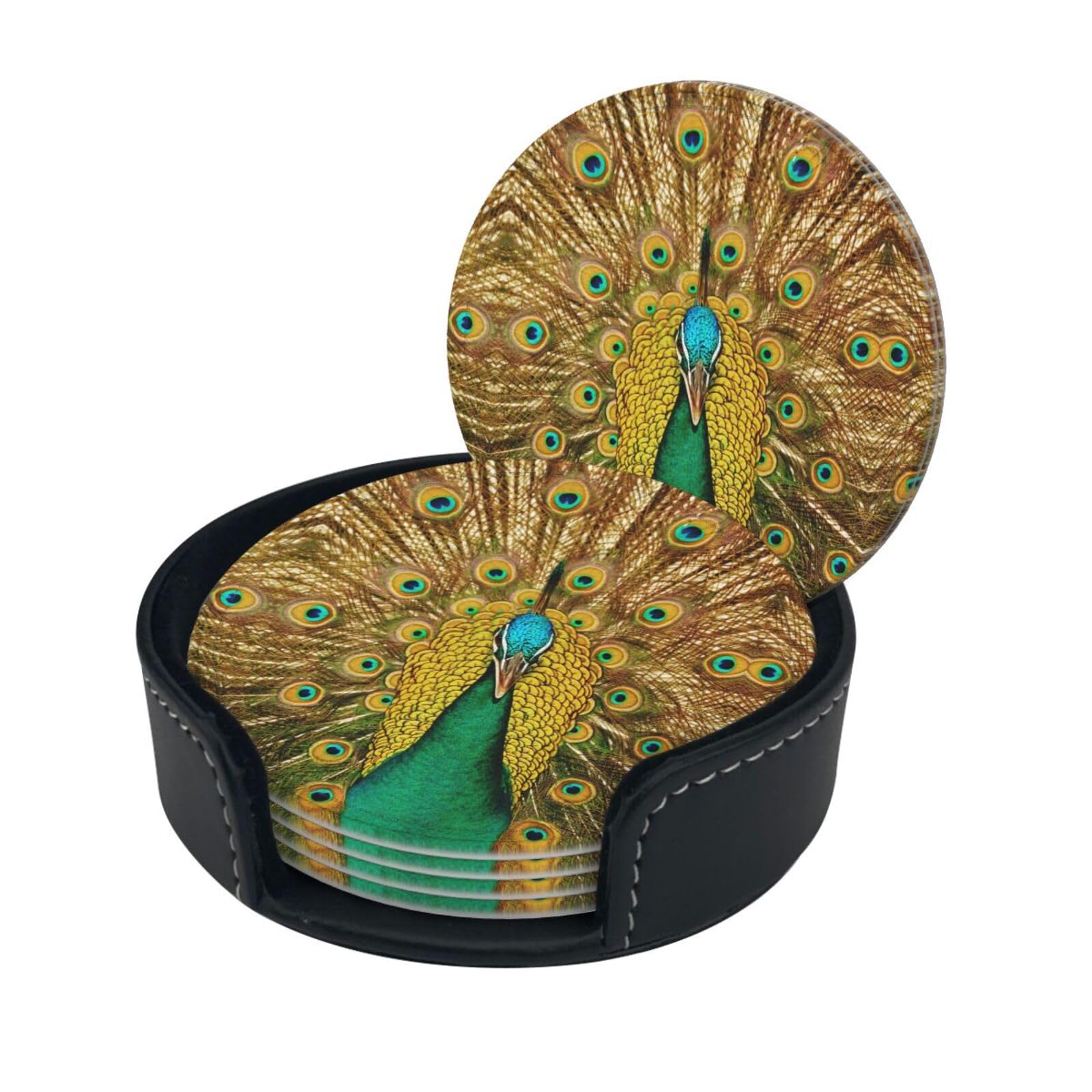 Lklddpzb White Peacock Print Round Leather Coasters - Set Of 6, Ultra-Fiber Pu Leather