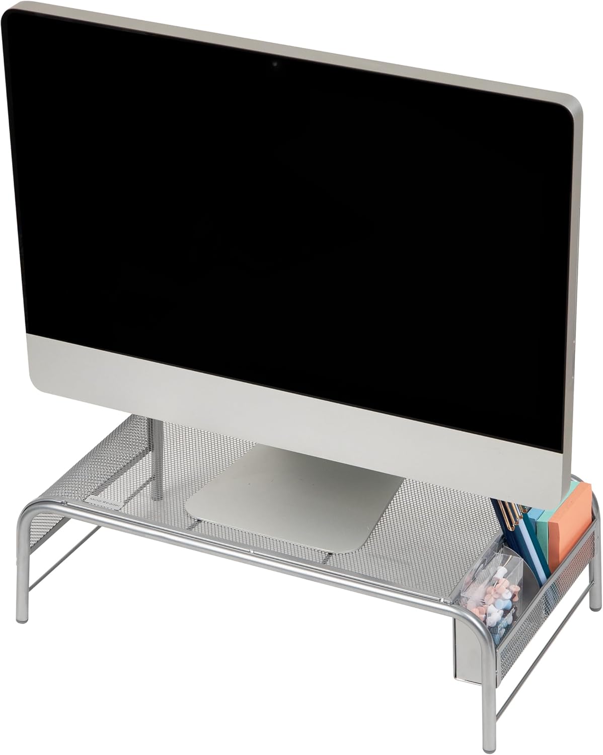 Silver Metal Mesh Monitor Stand with Side Storage