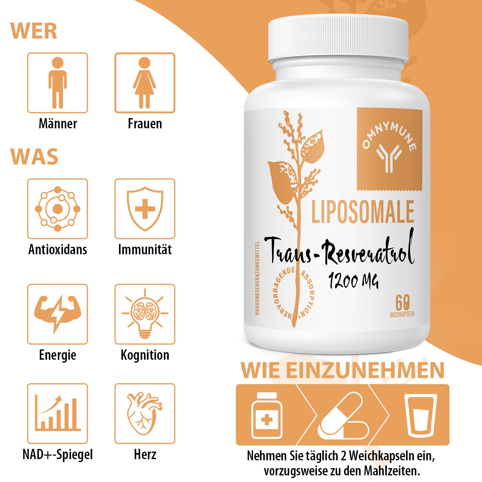 Resveratrol Liposomal 1200 mg, Trans-Resvératrol Pur à 98%, Extrait de Renouée du Japon, 60 Gélules
