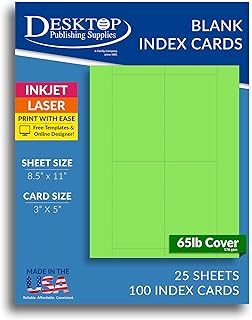 65lb Bright Green Printable Index Cards 3x5 - Index Card Sheets for Inkjet & Laser Printers - Perforated cards 4 per page - 25 Sheets / 100 Index Cards
