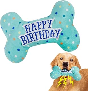 PrimePets Dog Birthday Toys, Plush Dog Squeaky Toys, Dog Birthday Party Supplies, Stuffed Dog Chew Toys for Small Medium Large Dogs (Bone)