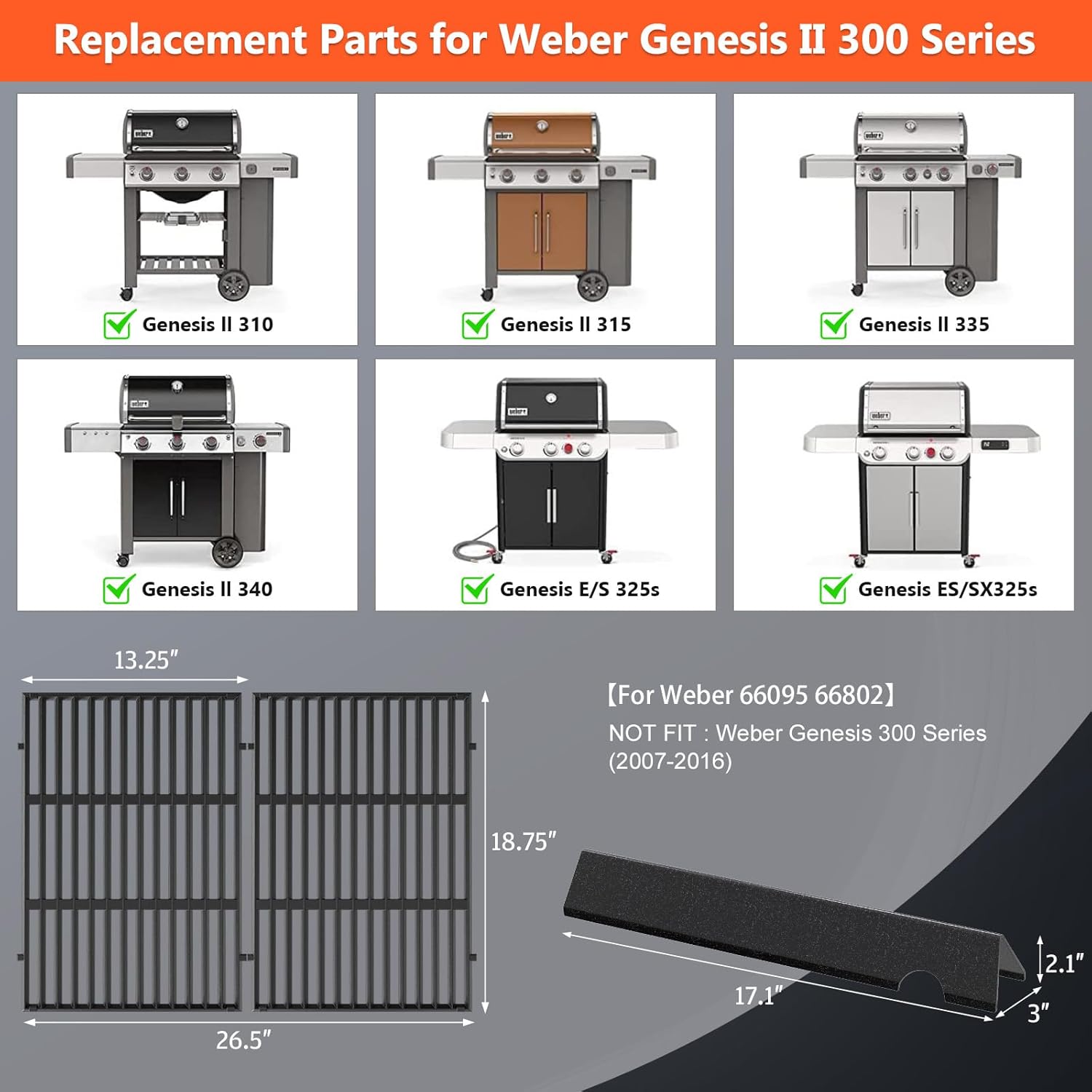 Genesis II Flavorizer Bars Replacement Parts, Genesis II Grill Grate for Weber Genesis II Grill Parts - 66795 66095 Parts for Weber Genesis II 300 Series ii E/S-310 ii E/S-315 ii E/S-335 ii SE-335 SUS304 66095 66795
