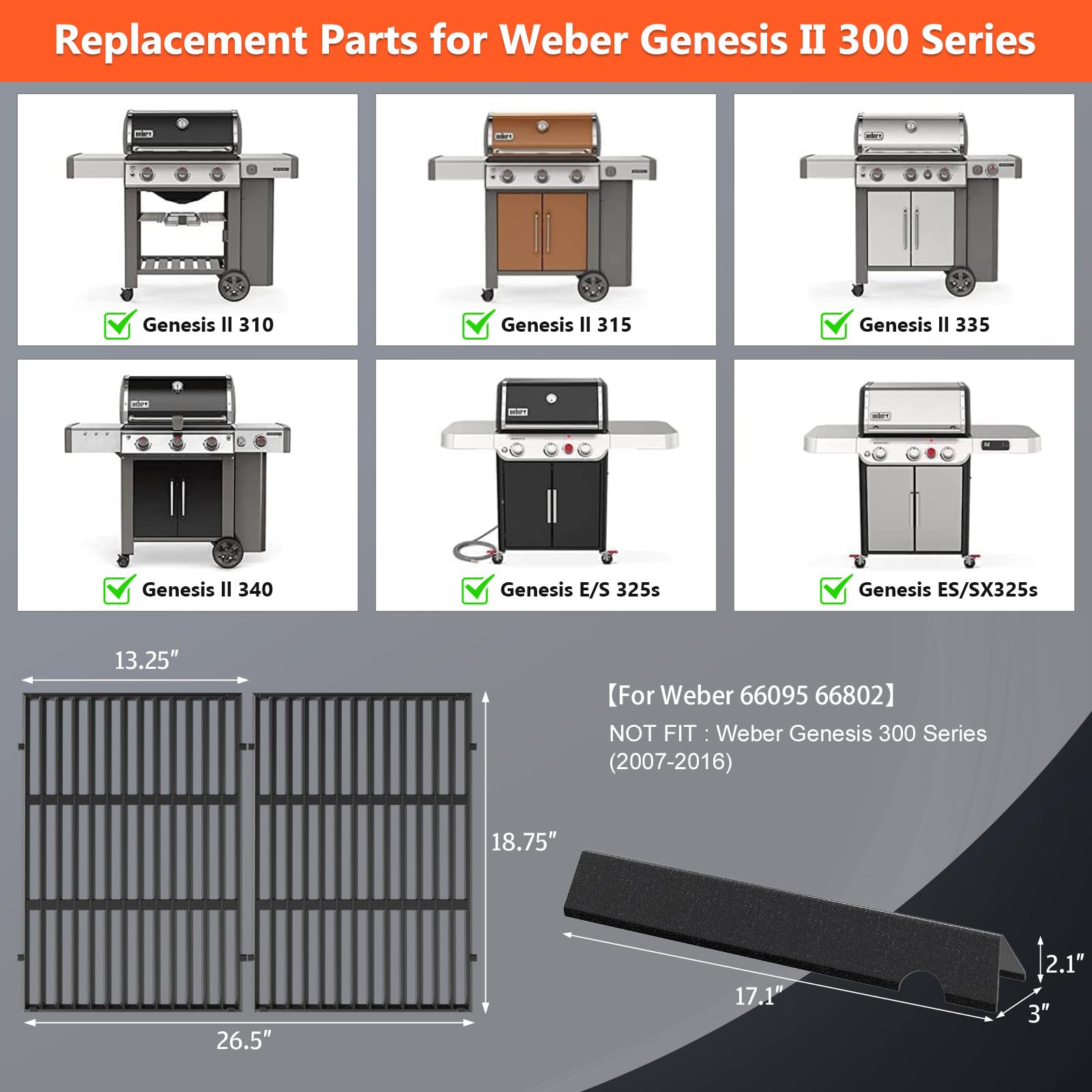 QuliMetal Griglie da cucina 47,6 cm barre aromatizzanti 17 pollici per Weber Genesis II/LX 300, Genesis II E310, E315, E335 (2017+)