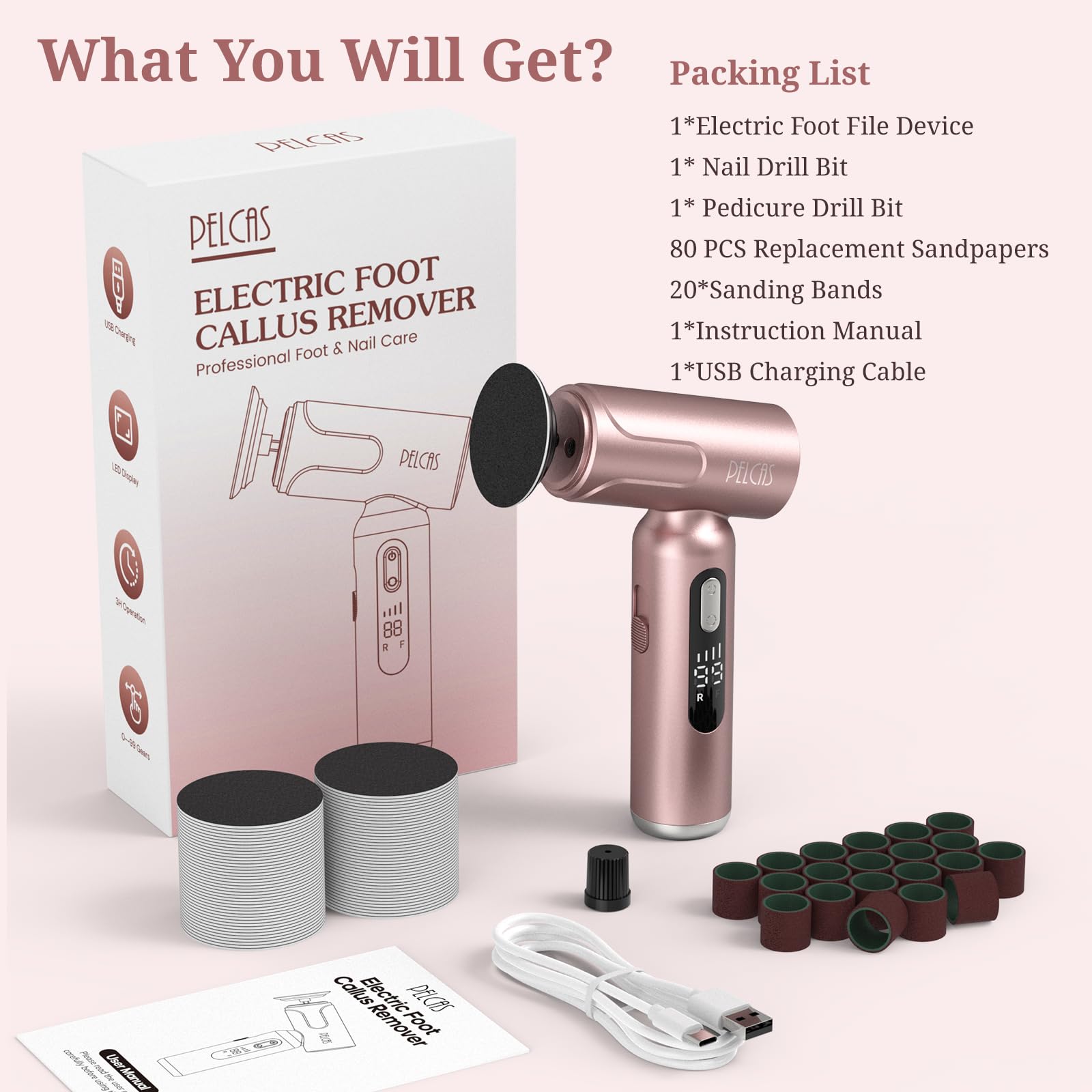PELCAS Electric Foot Callus Remover 2-in-1 Pedicure and Nail Care Kit