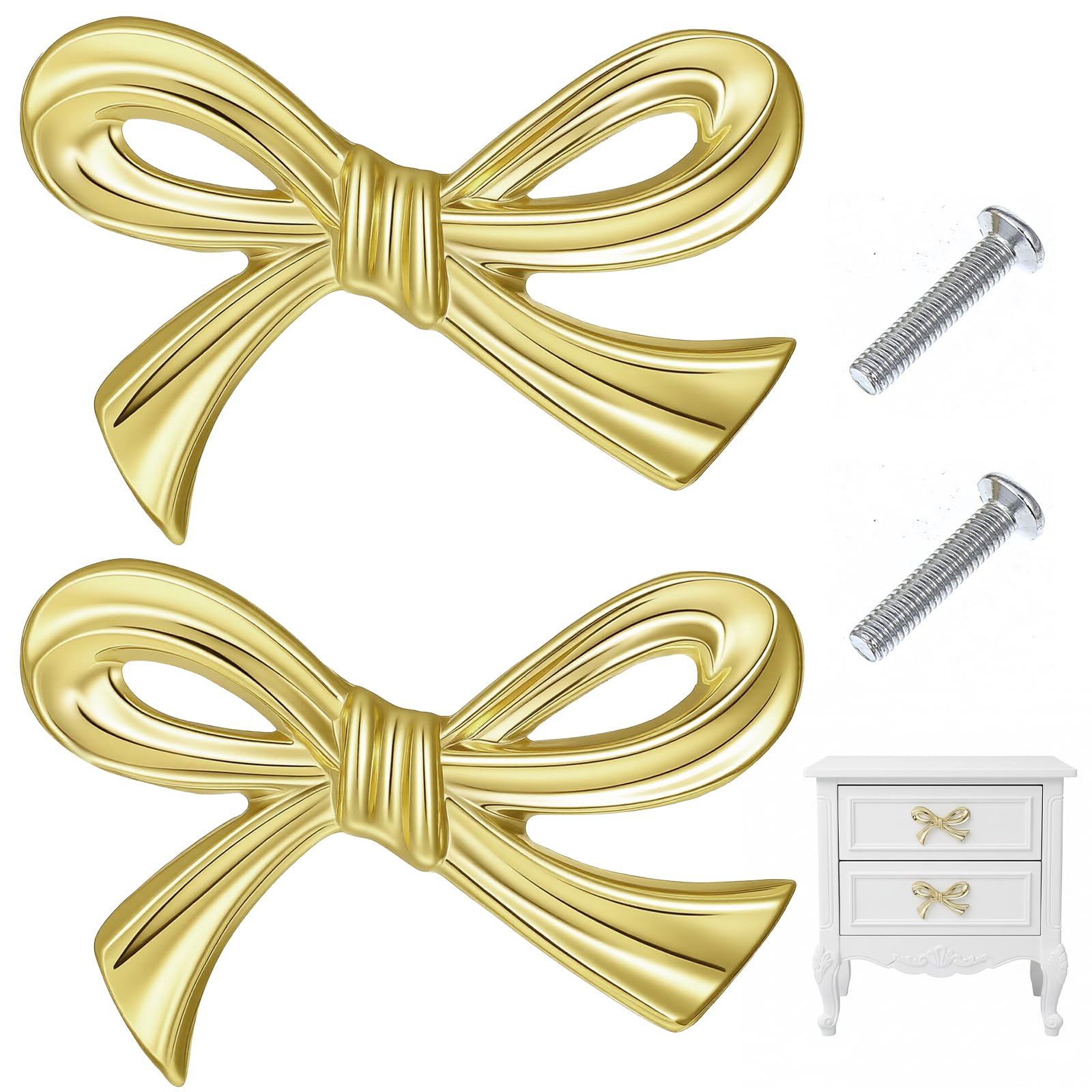 Ajcotahm 2 Pcs Gold Bow Drawer Knobs, Vintage Bow Cabinet Knobs Gold Cupboard Handles Decorative Bow Hardware Pulls for Home Bedroom Kitchen Cabinets Cupboard Wardrobe