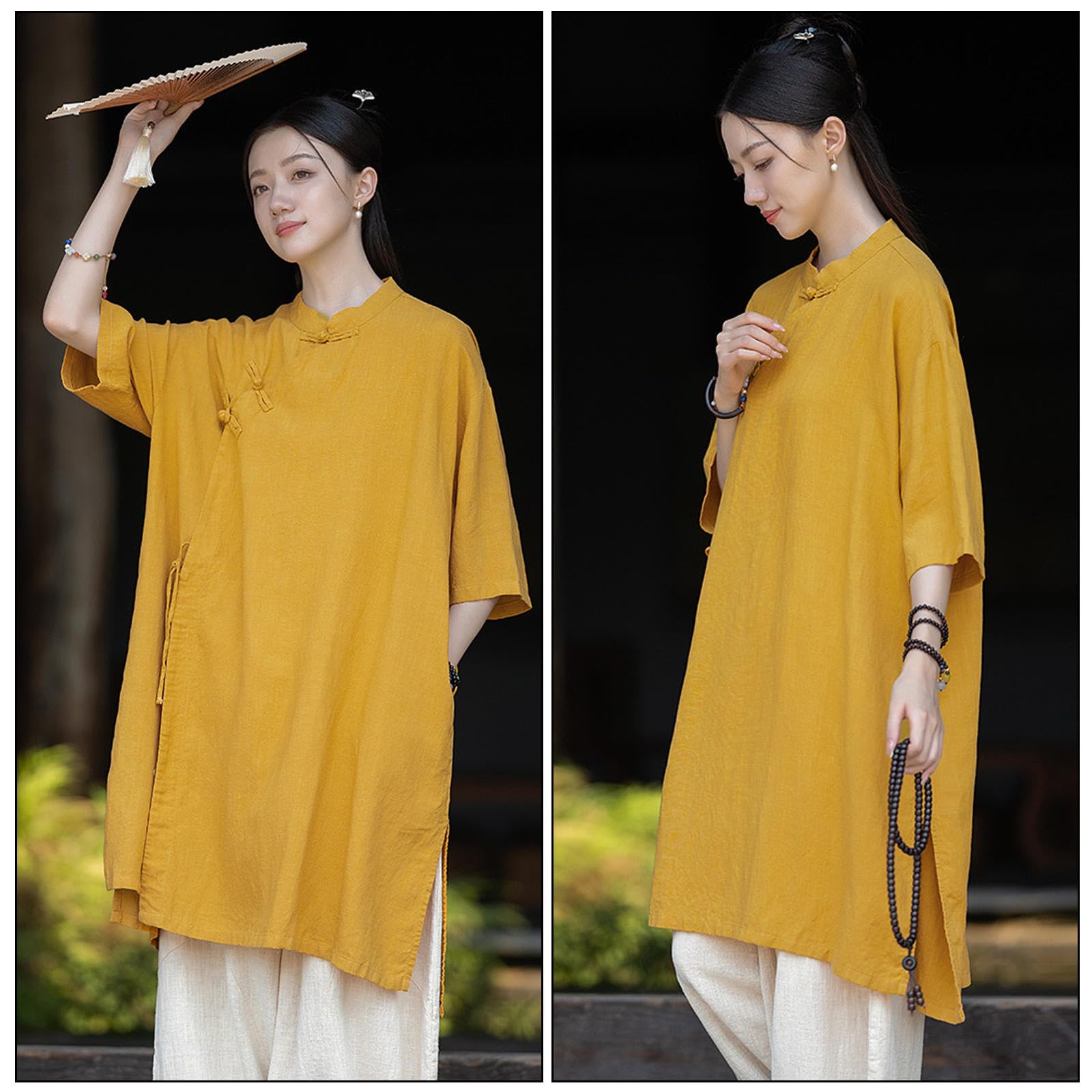 Vêtements de Tai Chi amples pour femmes, uniforme traditionnel chinois en coton et lin pour arts martiaux, tenue de méditation zen, tenue d'exercices du matin,YellowA-OneSize