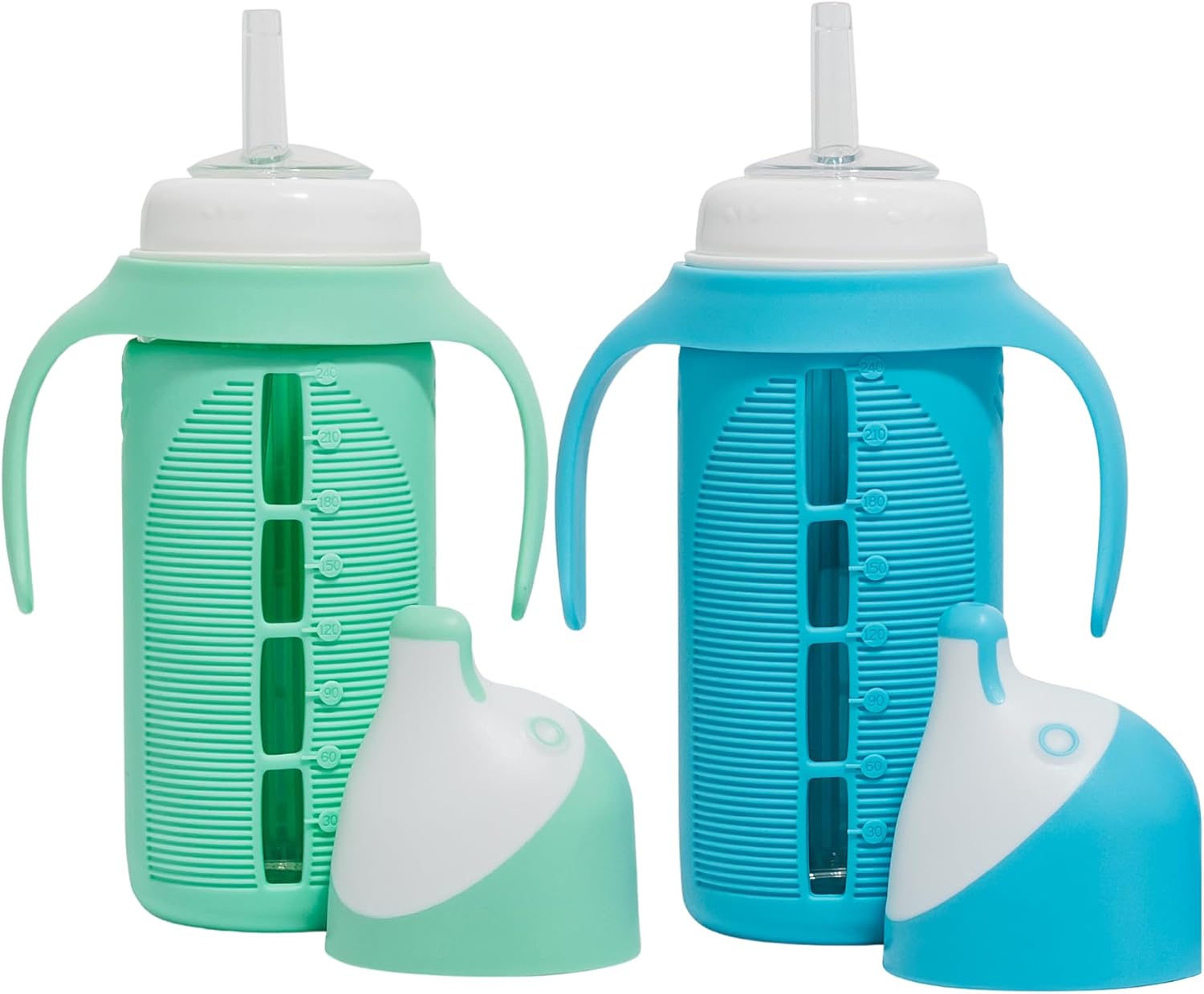 Tabor Place Set of 2 - Glass Sippy Cup for Toddlers - The Luca | Spill-Proof | Silicone Straw | Mint Green & Indigo Purple | 8 oz | Liquids Never Touch Plastic | Removable Handles… (blue/green)