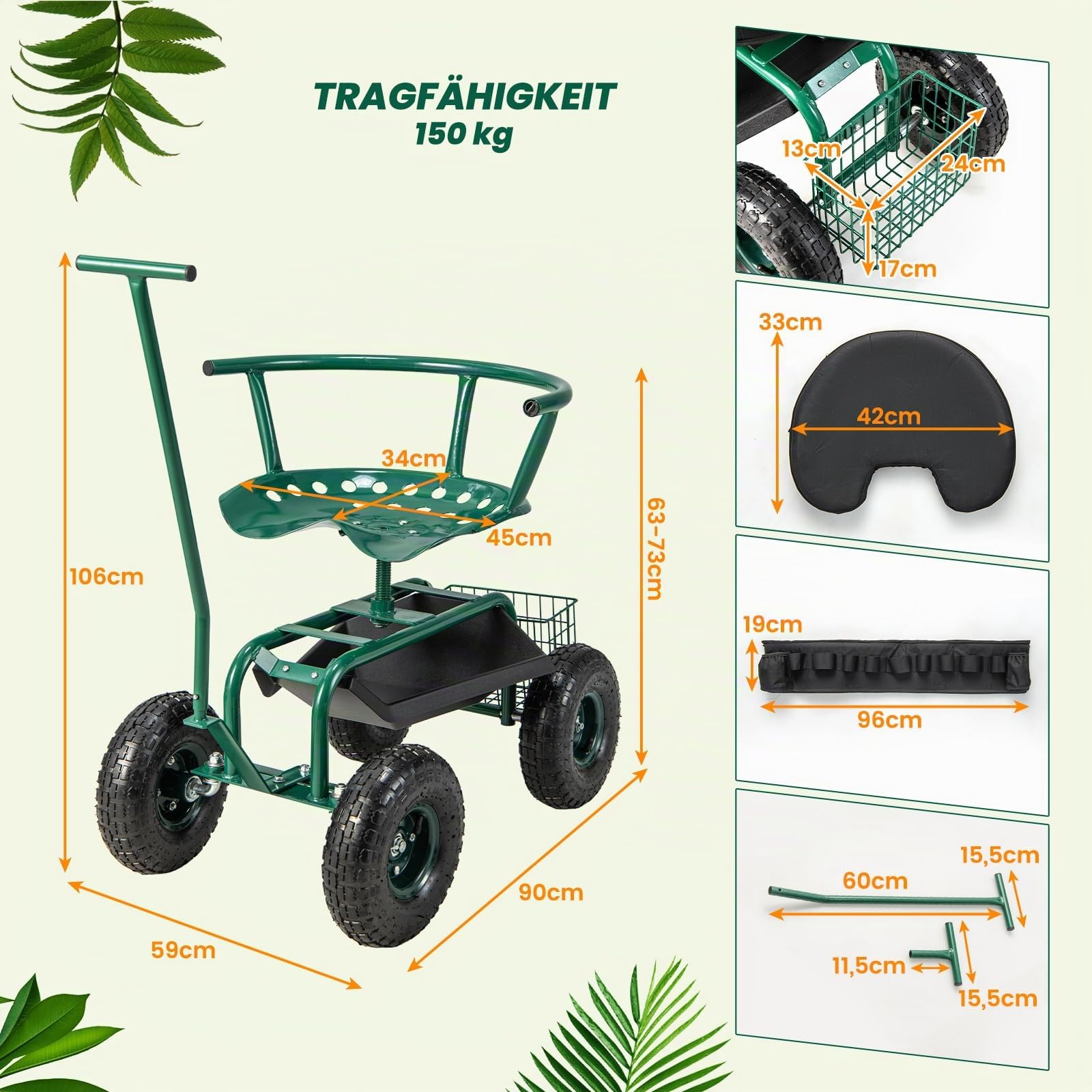 COSTWAY Rollsitz mit Rollen, 360 ° drehbar | höhenverstellbar, mobiler Gartensitz mit Lenkgriff & Korb & Ablage & Sitzkissen, Gartenhocker bis 150 kg, Gartenrollsitz Metall für Gartenarbeit, Grün