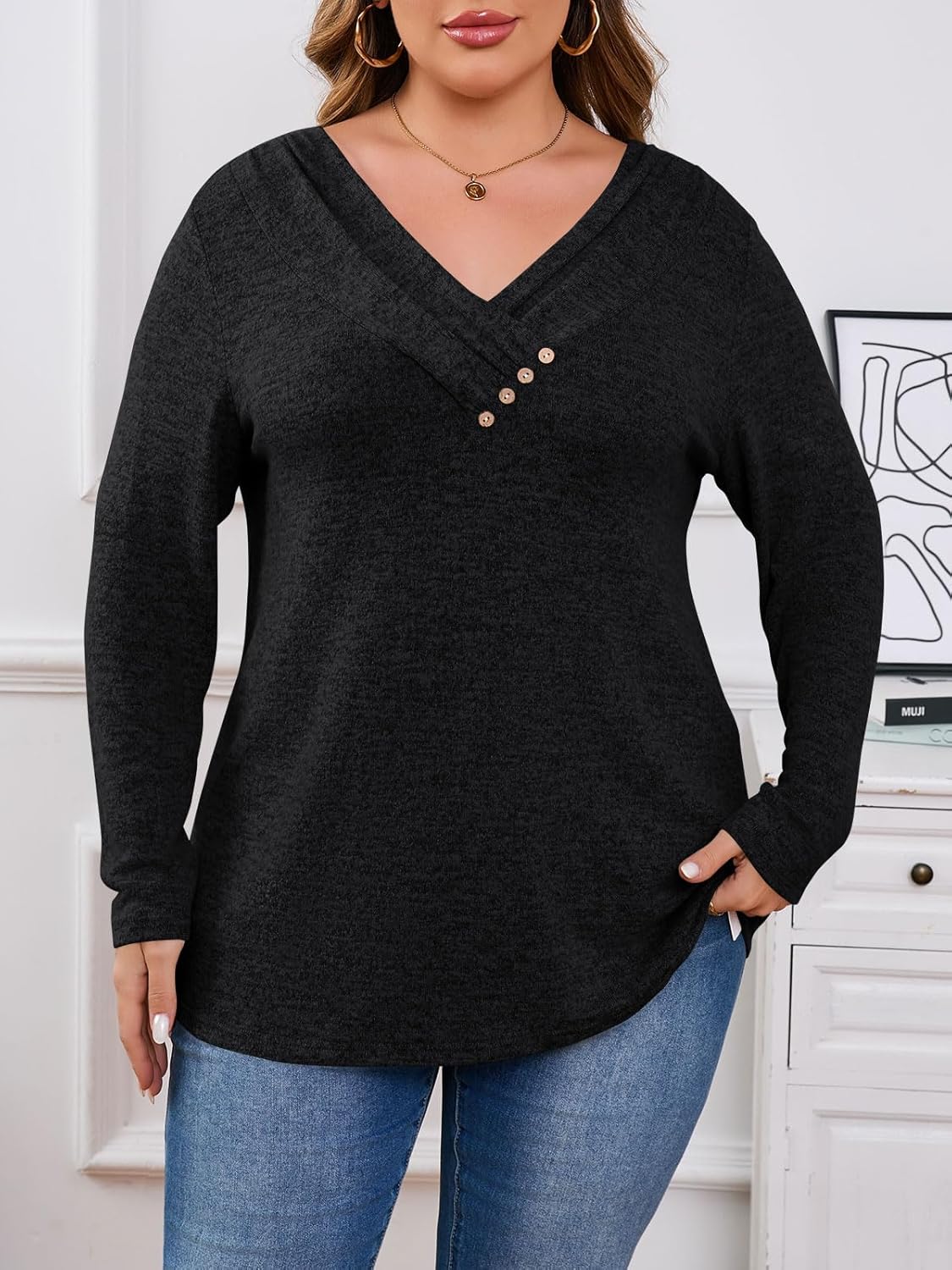 Yousify Womens Plus Size Long Sleeve Tunic Tops Dressy Casual Pleated V Neck Fall Blouses Curvy Loose Fit Shirts - Image 5