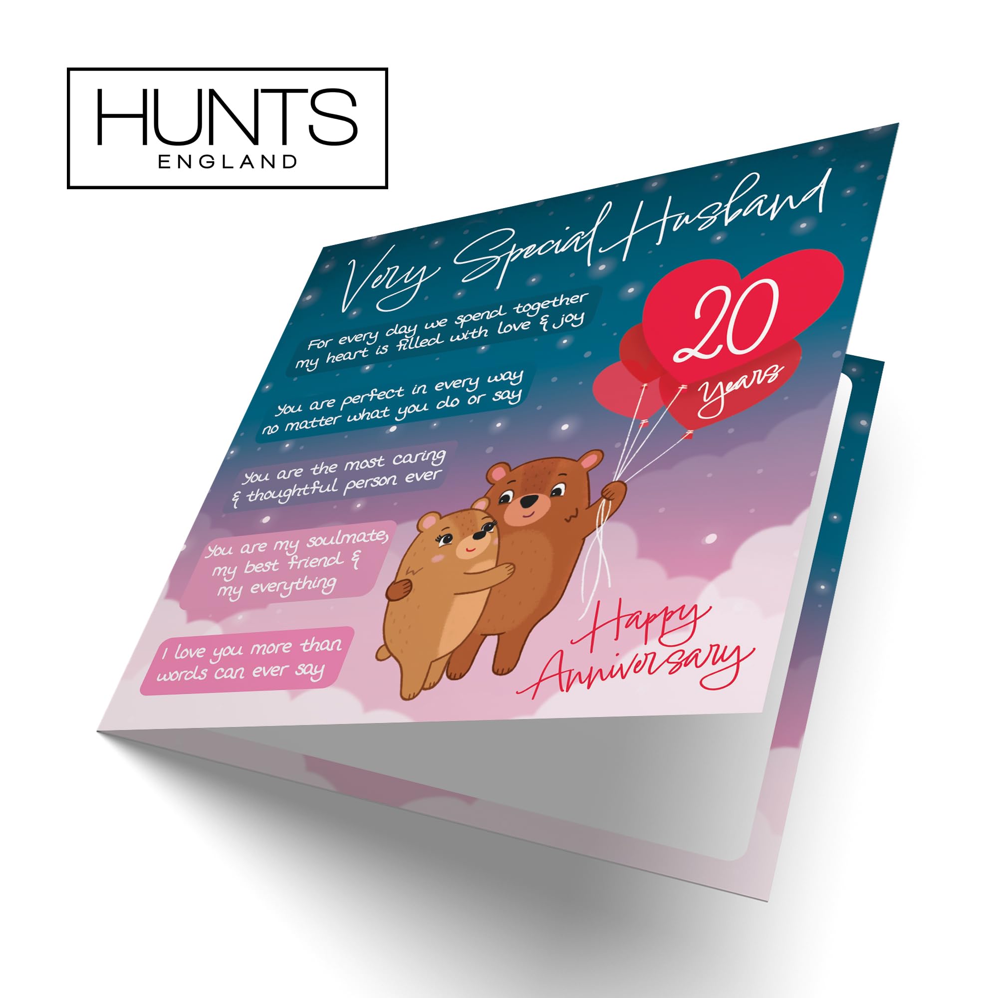 Hunts England, Husband 20th Anniversary Card, Starry Night, Cute Bears, Verse 20th Anniversary Card For Husband - Image 4