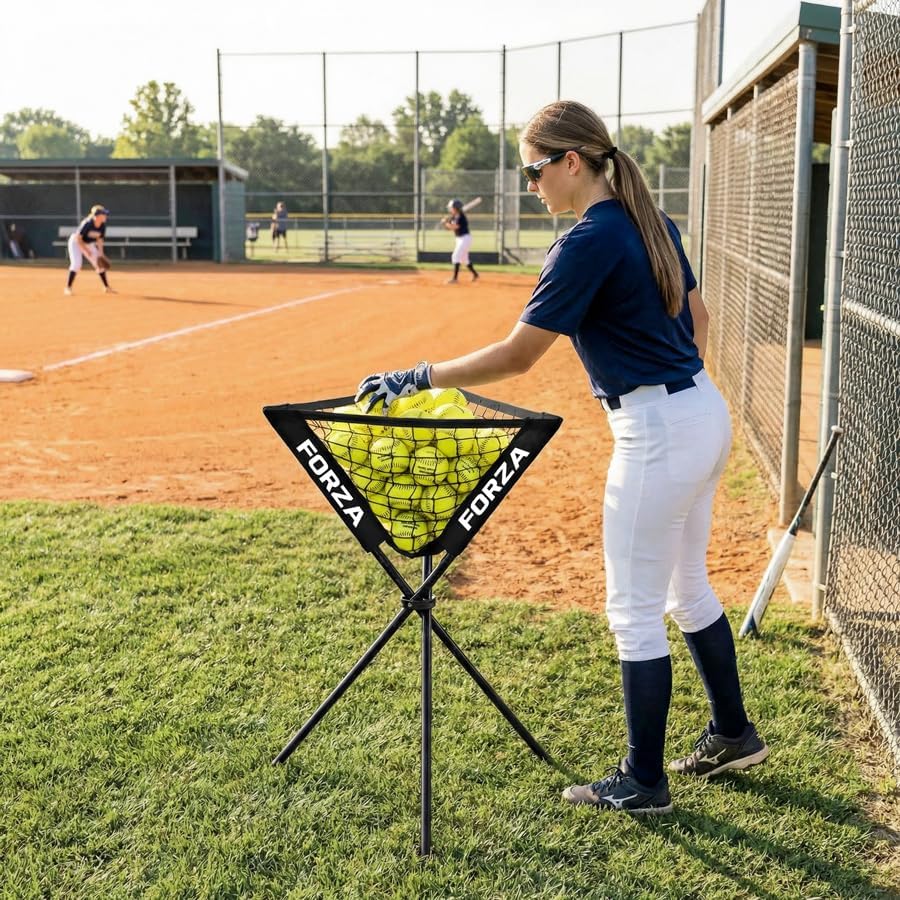 FORZA Portable Pop-Up Ball Caddy - Foldable Ball Hopper for Baseball, Softball & Cricket, 60 Ball Capacity, Metal Frame with Carry Bag