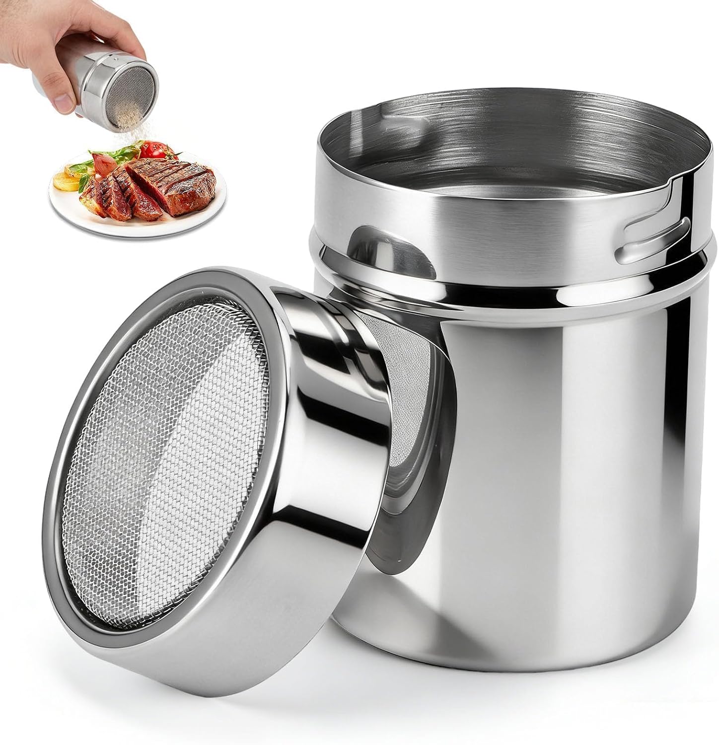 Powdered Sugar Shaker Duster,Stainless Steel Powder Sugar Shaker Duster with Lid, Fine Mesh Stainless Steel Dredge for Sugar Flour Cinnamon Cocoa Coffee Bar 2.4 * 3.1in