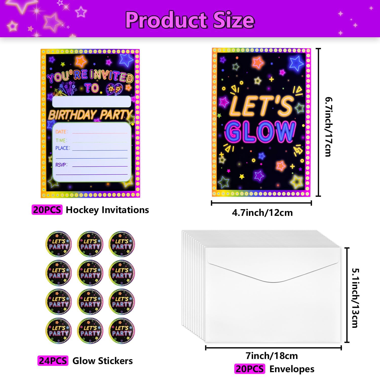 20Pcs leuchtende Party Einladungen Sets mit Umschlägen Let's Glow Neon Party Favors Geburtstag Einladungskarten für Kinder Geburtstag Party Einladungen Zubehör, 17 x 12cm