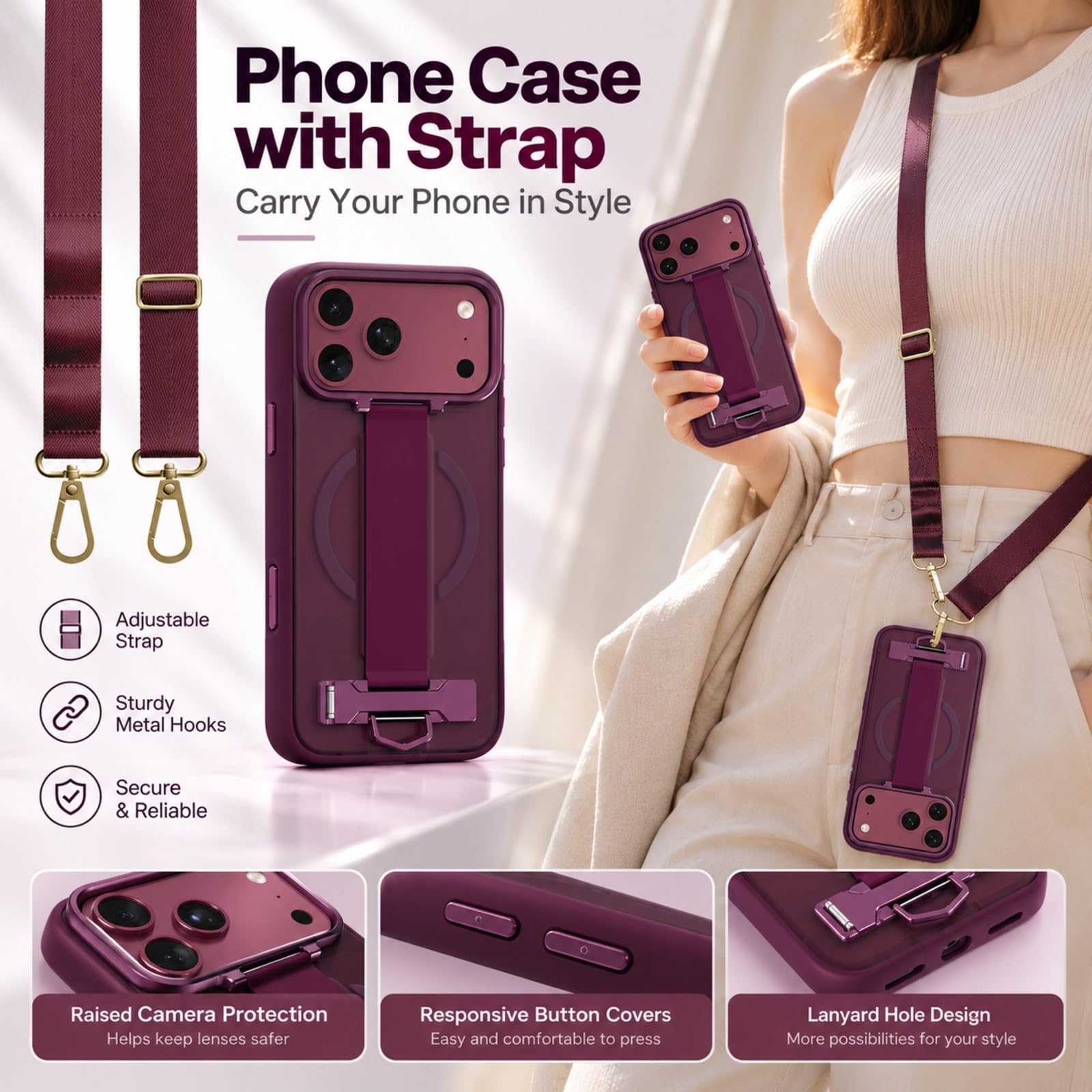 Coque pour iPhone 18 Pro Max, Sangle Arrière, Béquille - Blanc