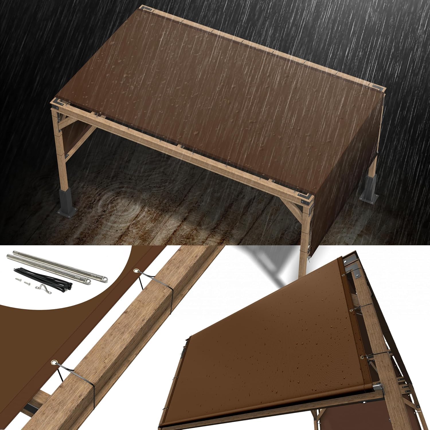 ShadeMart 8' x 16' Waterproof Pergola Brown Sun Shade Canopy Replacement Cover UPF50, Commercial 260 GSM Cloth for Outdoor Patio, Include Stainless Steel Weighted Rods (We Make Custom Size)