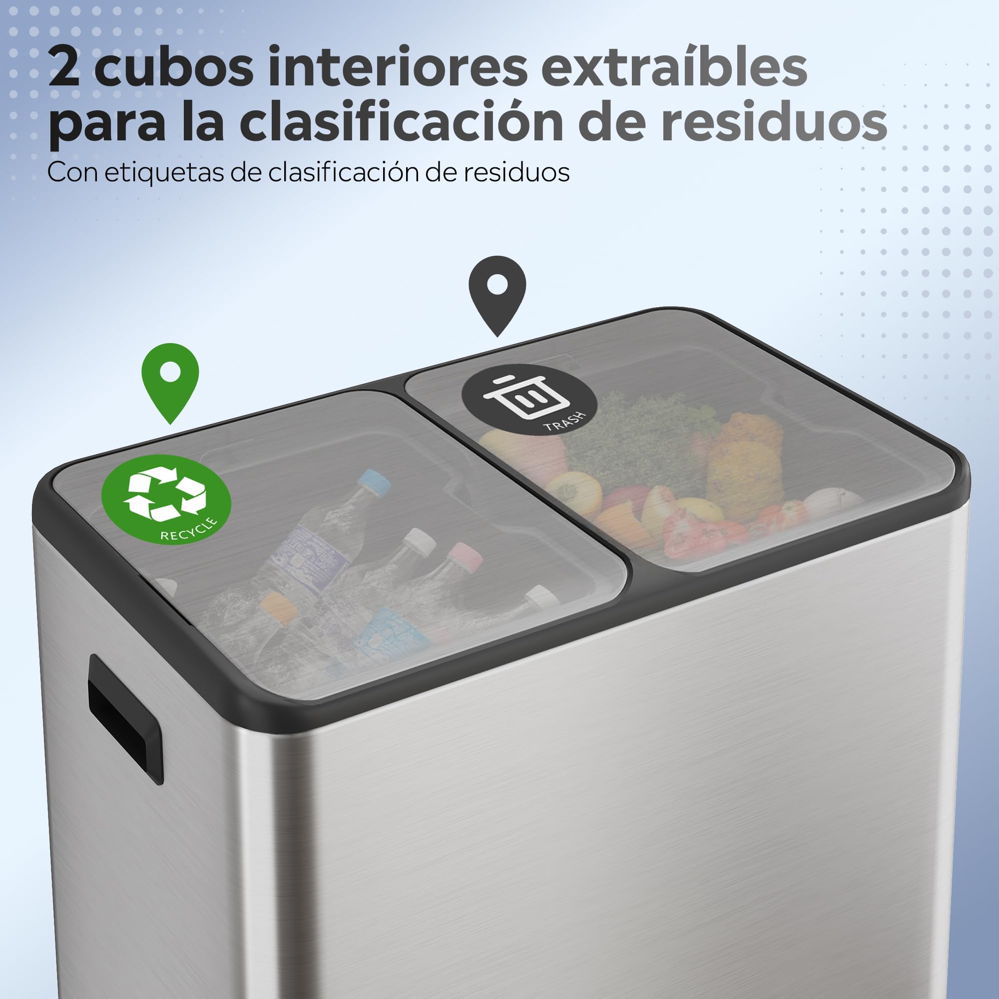 WLIVE Cubo de Basura 2 x 30L (60L en Total), Cubo de Basura para Cocina, Sistema de Reciclaje de Acero Inoxidable con 2 Compartimentos, Cubos Interiores de Plástico,Tapa Soft-Close,Plateado